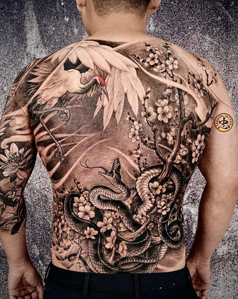 Tattoos in Vietnam featuring cranes may convey a wish for a long and fulfilling life