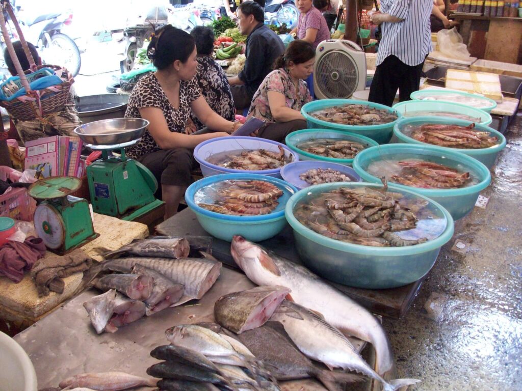 You will find buckets of water with live seafood in – with some jumping out at times!