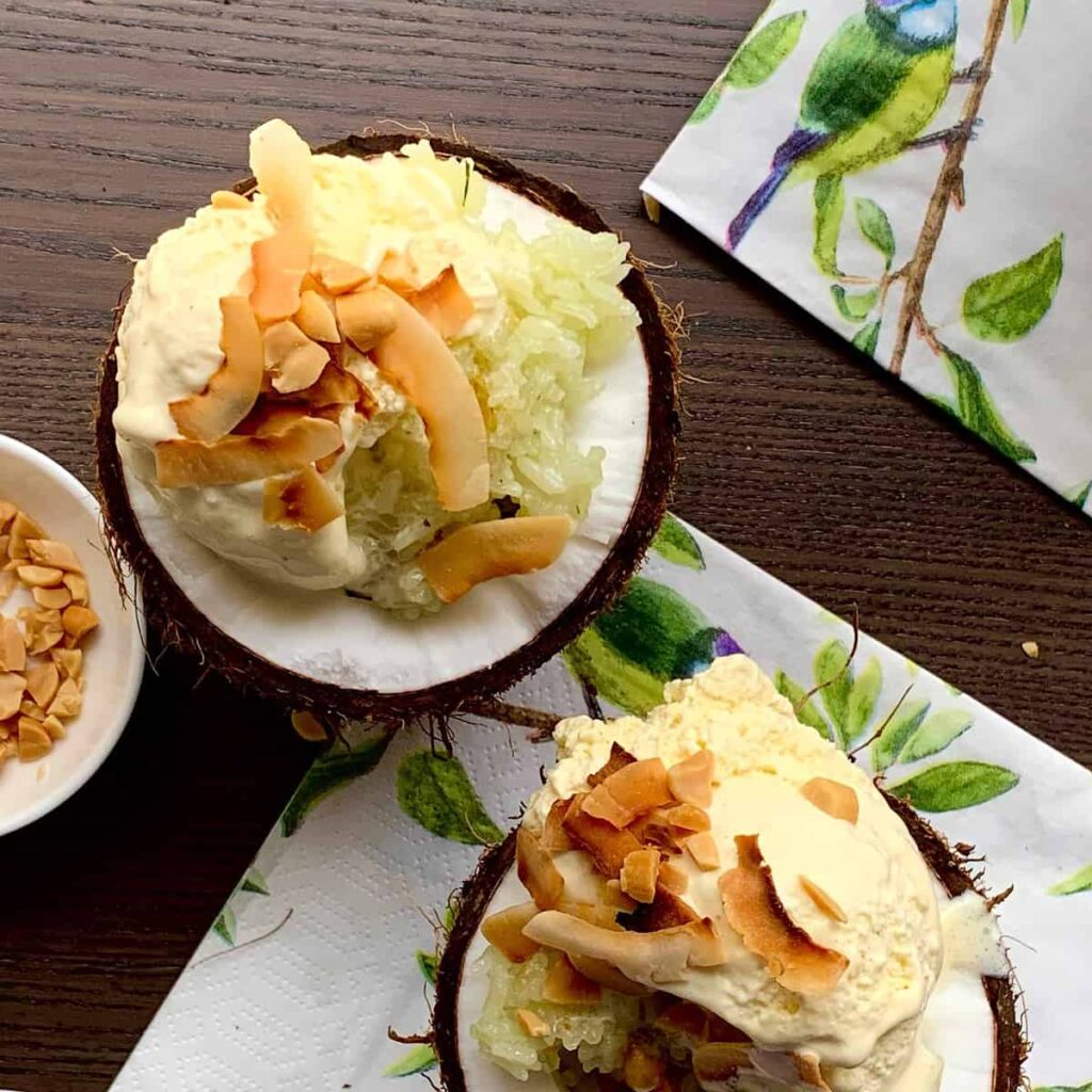 Sticky Rice with Ice Cream (Kem Xôi), a satisfying and refreshing Vietnamese dessert on a hot day